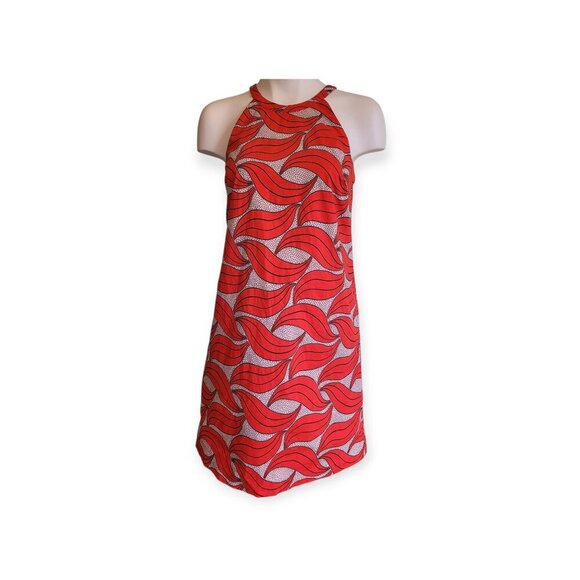 Ann Taylor sleeveless red cream retro wave halterneck mod dress size 2 EUC - Picture 4 of 14